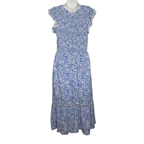 Lost + Wander Pick Me Blue Floral Print Midi Dress smocked size small prarie - Picture 4 of 11